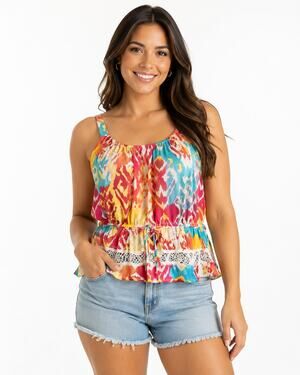 Hollywould Women's Sleeveless Peplum Blouse -Size Medium, Multicolor Ikat Print